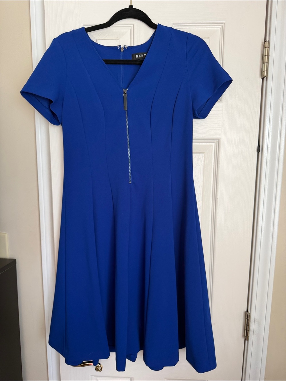 DKNY Cobalt Blue Short-Sleeve Fit-and-Flare Dress with Front Zip